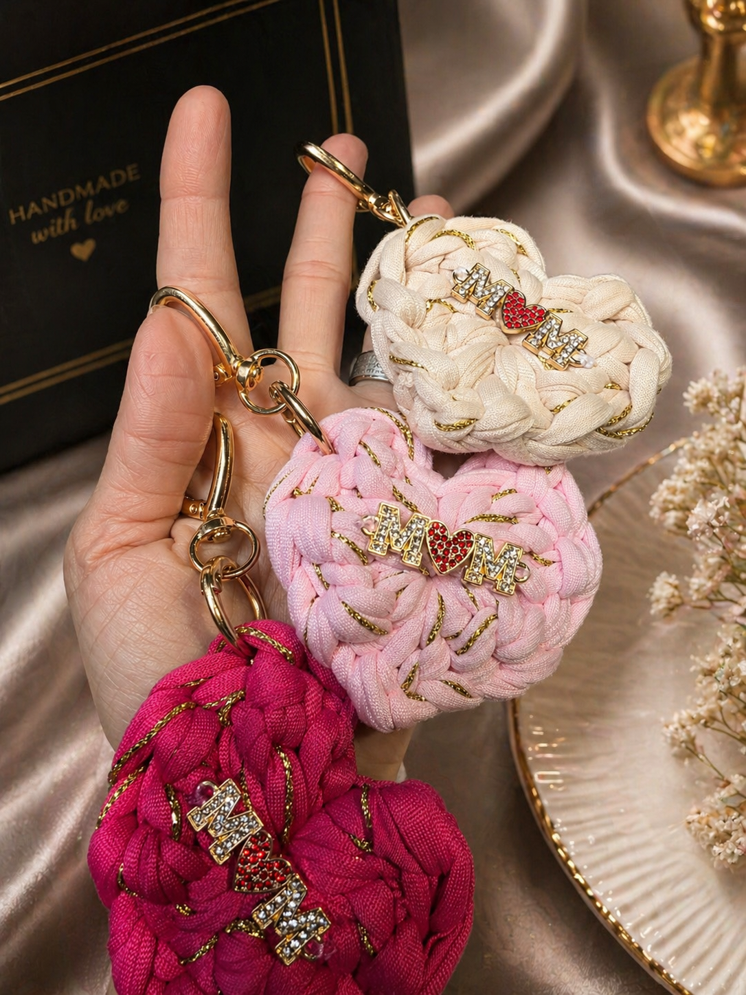 Handmade Crochet Keychain- Mom & Love Charm
