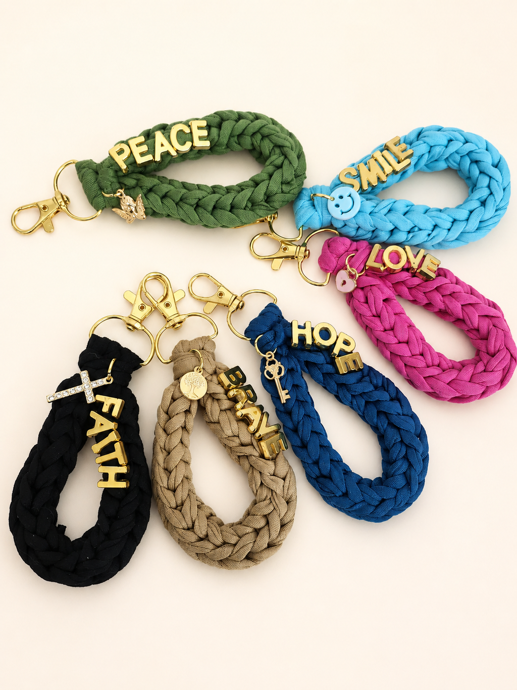 Handmade Braided Wristlet Keychain with Inspirational Word Charm