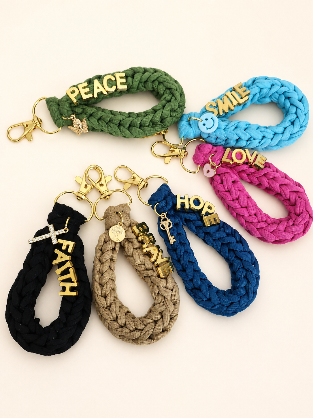Handmade Braided Wristlet Keychain with Inspirational Word Charm